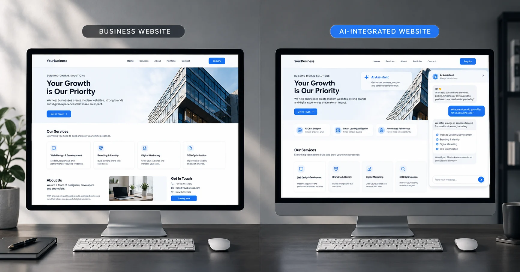ide-by-side comparison of a traditional business website and an AI-integrated website with an intelligent chat assistant and automated enquiry support.