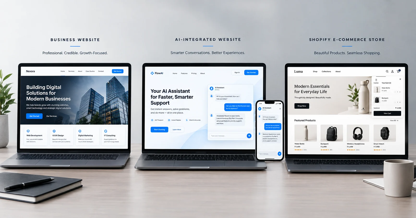 Comparison of a business website, an AI-integrated website, and a Shopify e-commerce store displayed on digital devices.