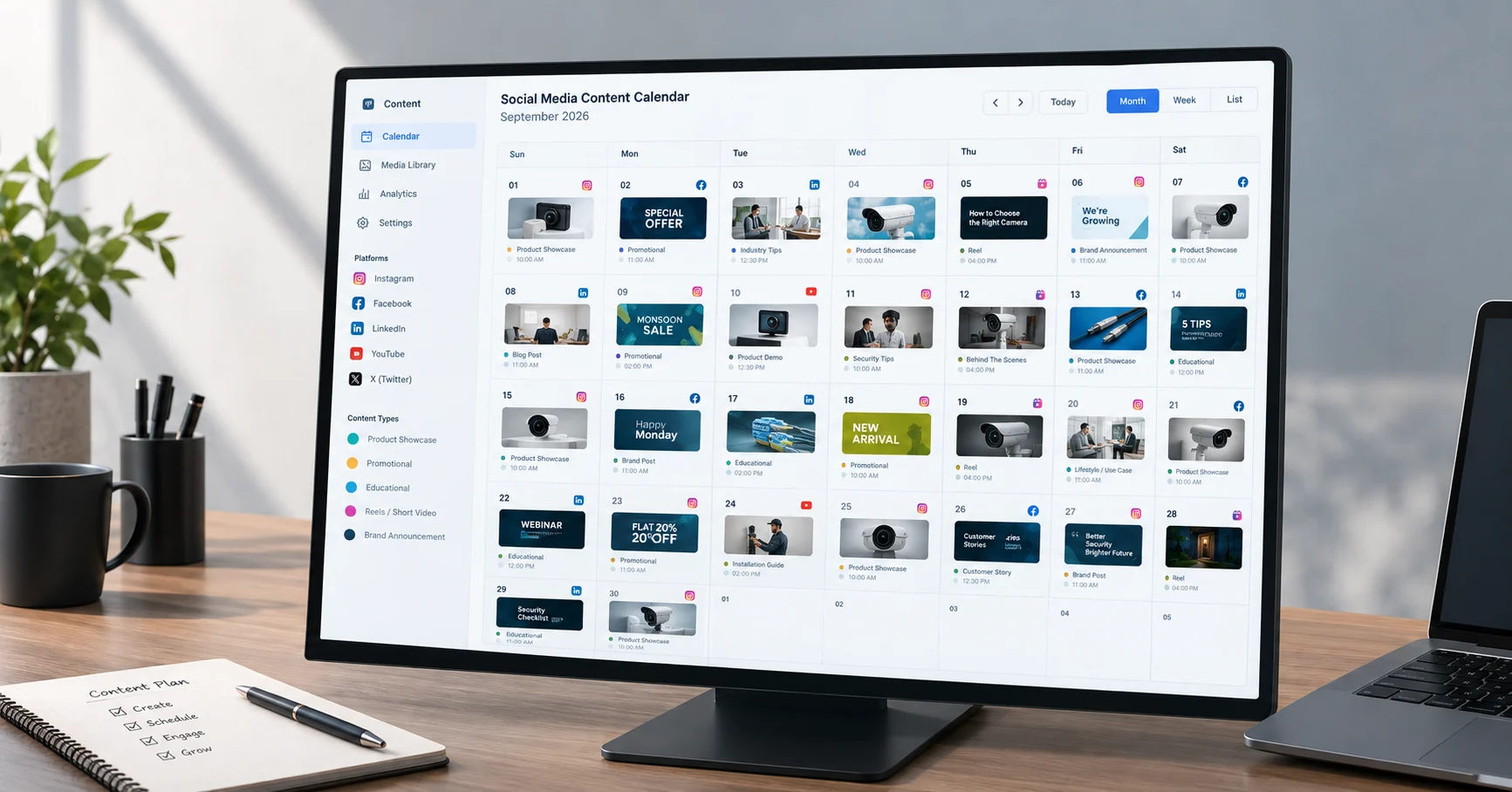 Social media management workspace showing a content calendar, social media posts, and performance analytics.