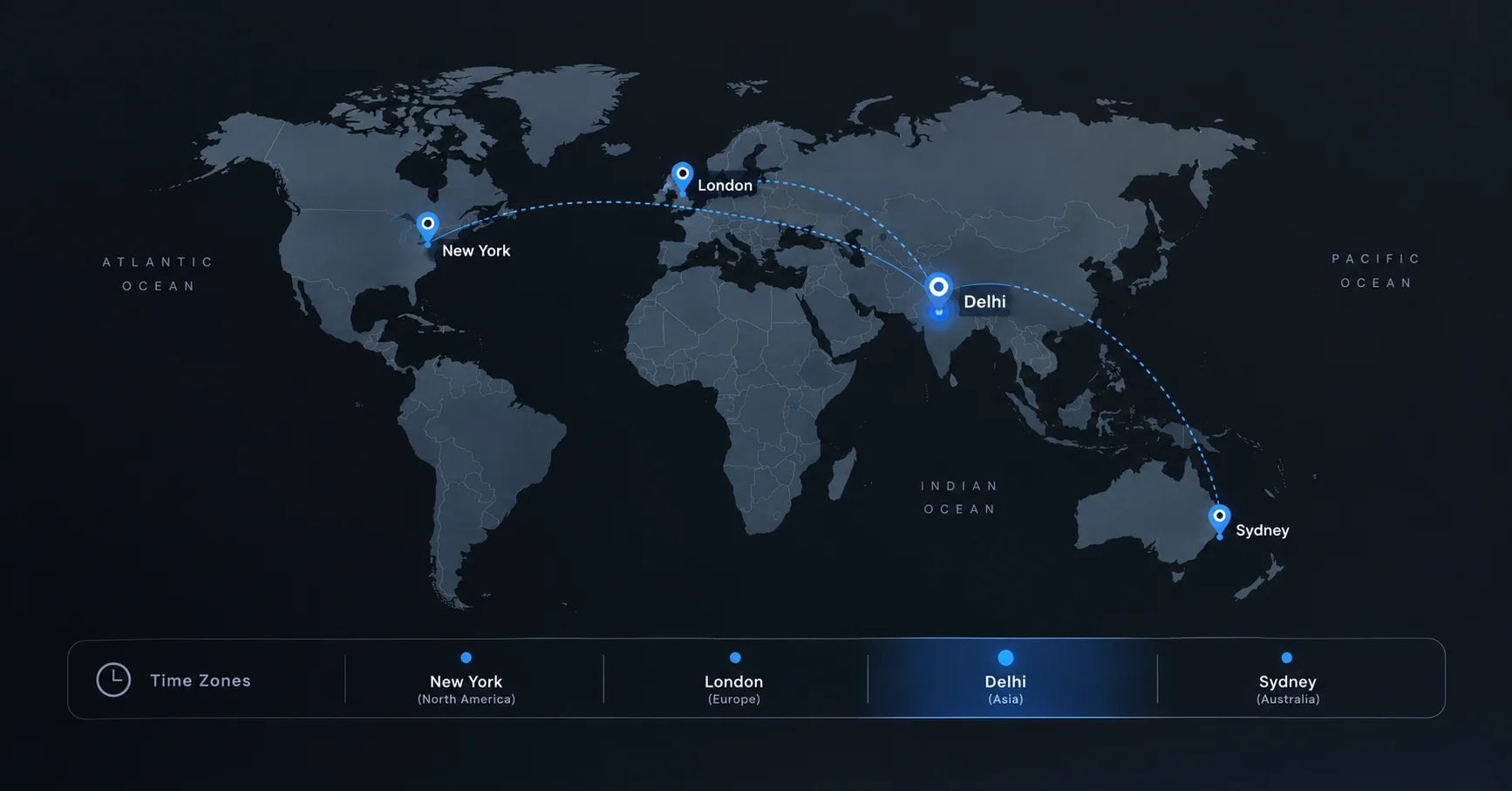 World map highlighting Delhi, India, with a time-zone strip illustrating collaboration between Indian freelance web designers and international clients.