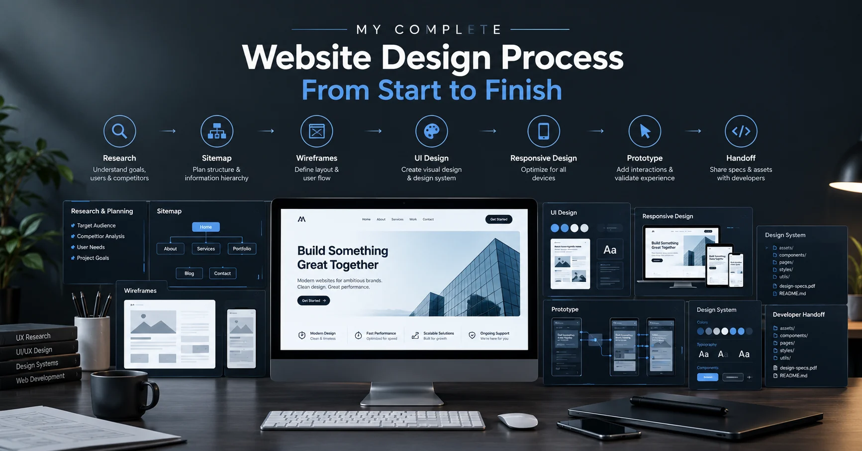 Website design process from research and sitemap planning to wireframes, UI design, responsive layouts and development handoff