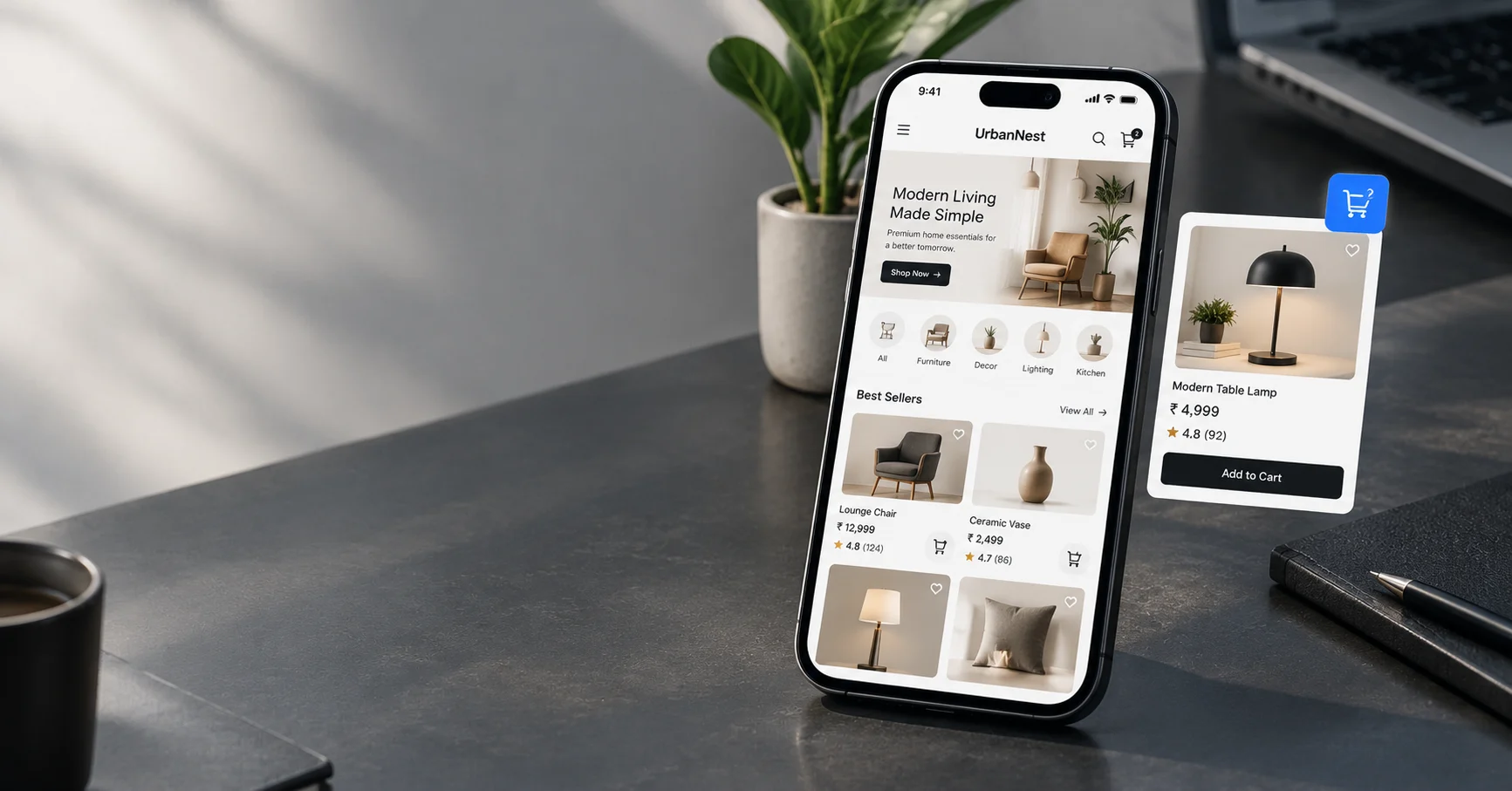 Shopify online store setup showing an e-commerce storefront, product listings, shopping cart, and mobile shopping experience.