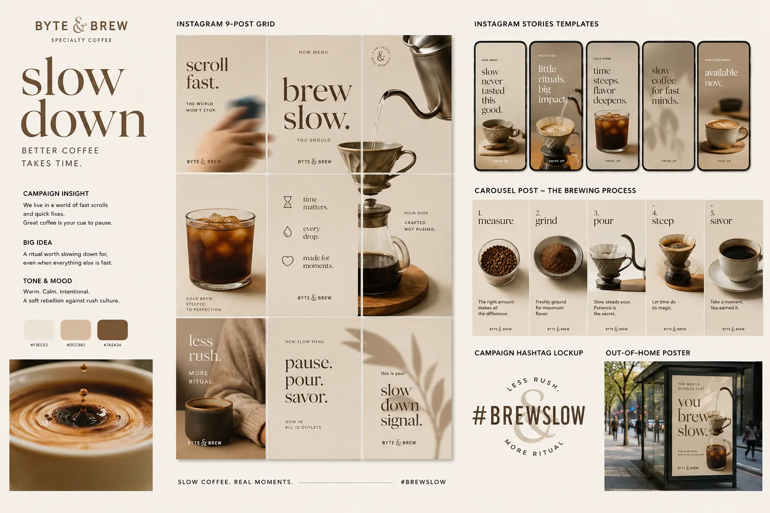 Social media campaign concept for Byte & Brew coffee by Hasnain Ansari, with an Instagram grid, stories, carousel and poster