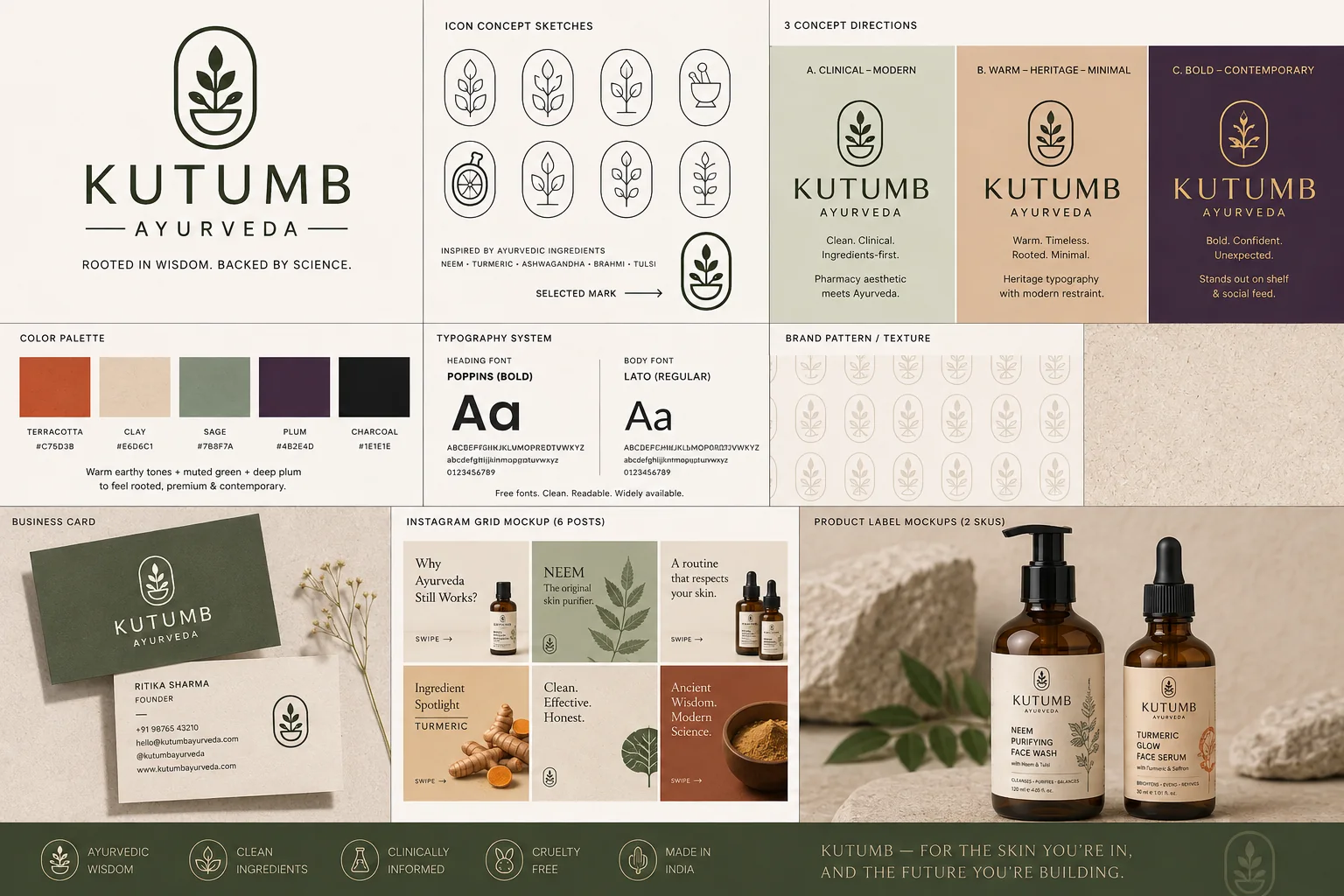 Brand identity concept for Kutumb Ayurveda by Hasnain Ansari, with logo, palette, pattern, business card, social grid and product labels