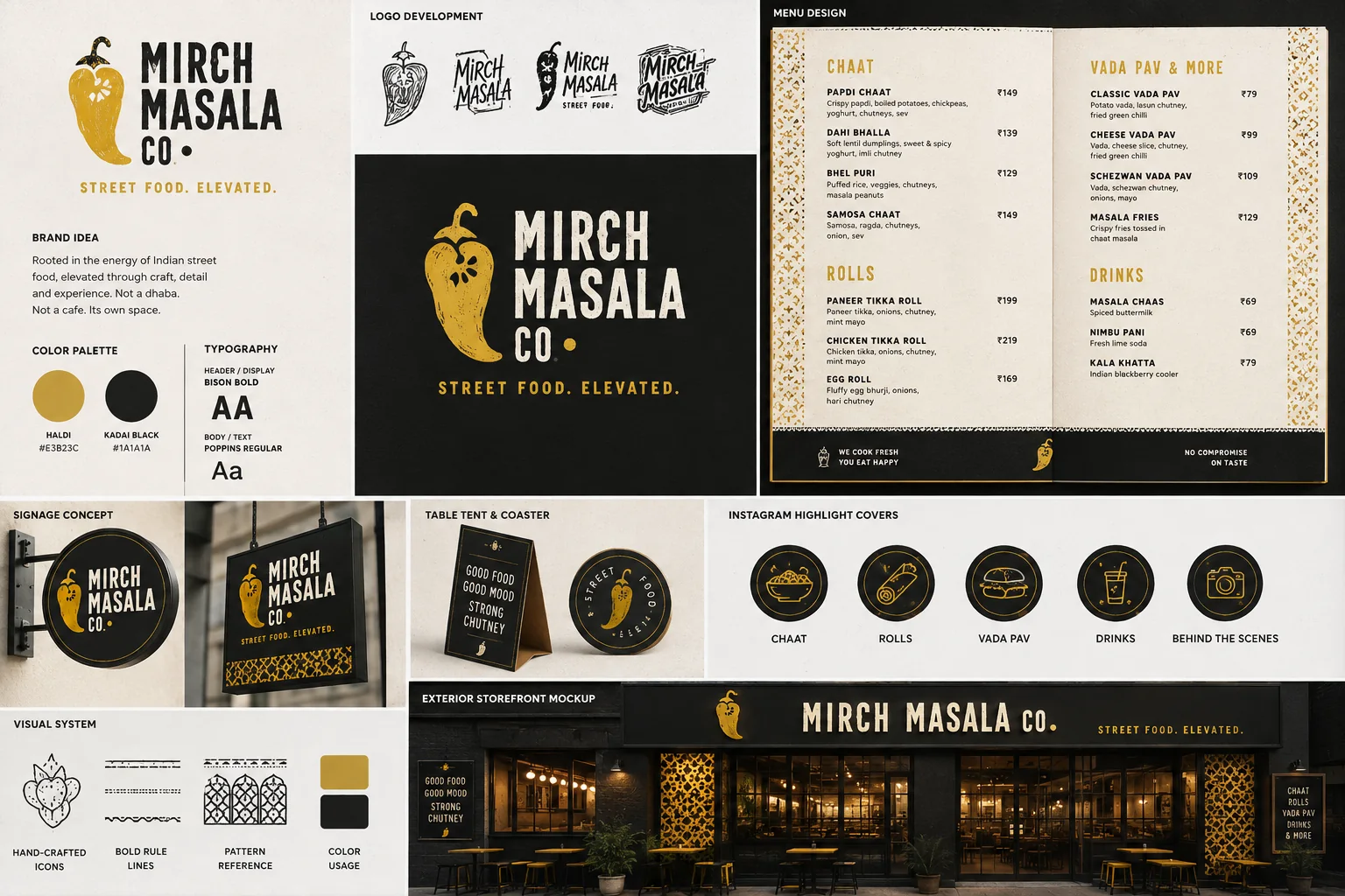 Brand identity concept for Mirch Masala Co. by Hasnain Ansari, with logo, menu, signage, social covers and storefront mockup