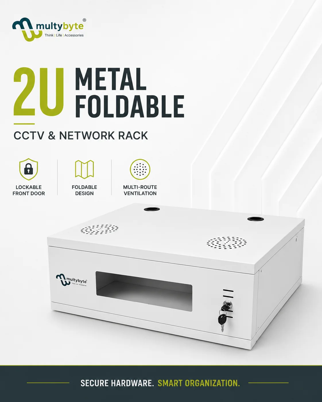 Product creative for a Multybyte 2U metal foldable CCTV and network rack, designed by Hasnain Ansari