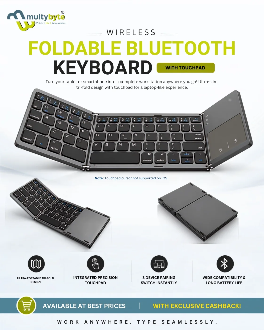Marketing creative for a Multybyte wireless foldable Bluetooth keyboard with touchpad, designed by Hasnain Ansari
