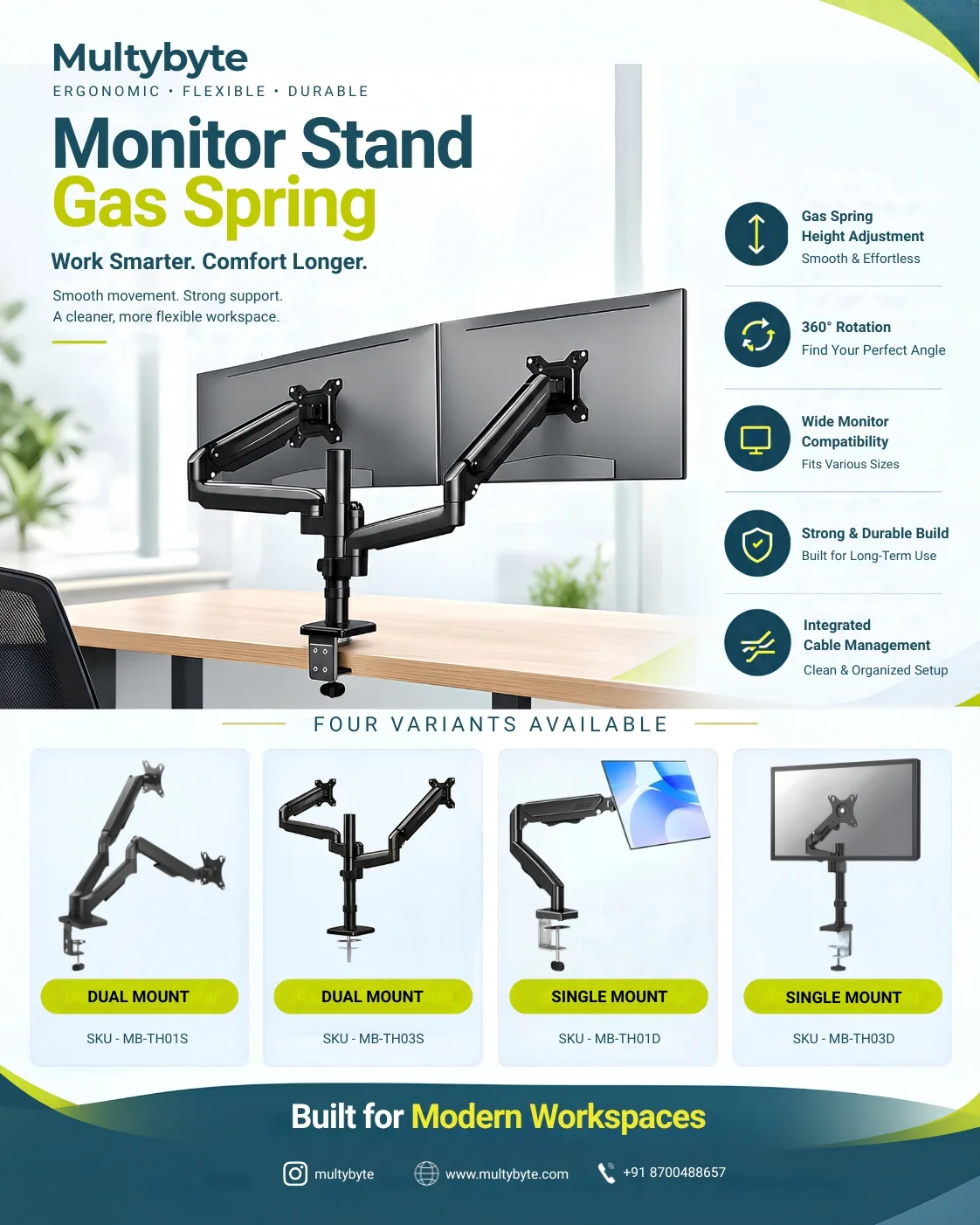 Product creative for a Multybyte gas spring monitor stand with four mount variants, designed by Hasnain Ansari