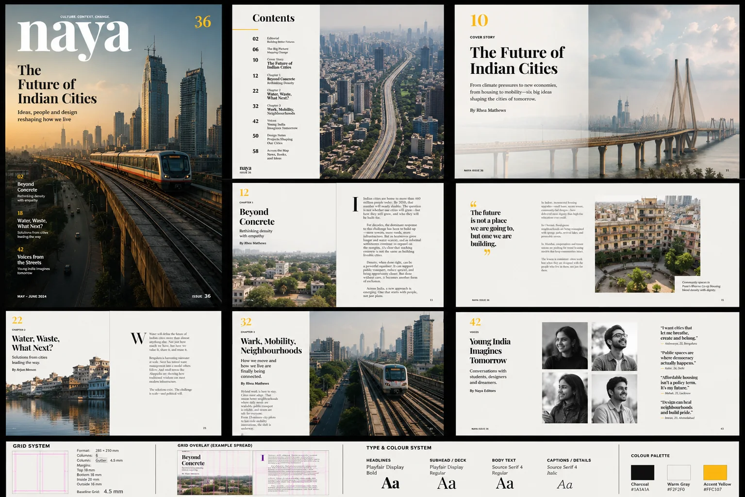 Editorial design concept for Naya magazine by Hasnain Ansari, showing the cover, contents and feature spreads with a grid and type system